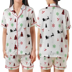 Holiday Decor: Rustic Reindeer Sleigh Seamless Pattern with Buffalo Plaid & Holly Satin Short-Sleeve Pajamas Set