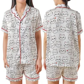 Cat Lovers' Whimsical White Pink Red Black Hand-Drawn Scattered Cartoon Cat Faces Hearts Pattern Satin Short-Sleeve Pajamas Set