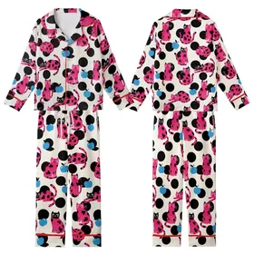 Cat Lovers' Whimsical Cream Hot Pink Flat Color Cartoon Cats Blue Apples Polka Dots Pattern Kid Satin Pajamas Set