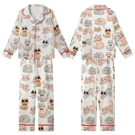 Cat Lovers' Whimsical Seamless Cartoon Cats Pattern: Light Pink, Peach, Gray Felines with Sunglasses & Red Bow Ties Kid Satin Pajamas Set