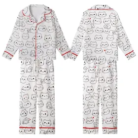 Cat Lovers' Whimsical White Pink Red Black Hand-Drawn Scattered Cartoon Cat Faces Hearts Pattern Kid Satin Pajamas Set