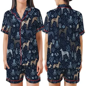 Women's Greyhound Lover Sleep Set: Midnight Blue Fawn Brindle Dog & Ocean Coral Pattern - Silky Stretch Satin Short-Sleeve Pajamas Set