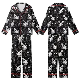 Cat Lovers' High-Contrast Black & White Cats Seamless Pattern with Stylized Hearts & Intertwined Tails Kid Satin Pajamas Set