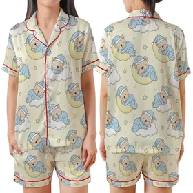 Whimsical Sleepy Bear Pastel Night Sky Digital Embroidery Design Kid Satin Pajamas Set