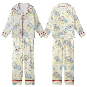 Whimsical Sleepy Bear Pastel Night Sky Digital Embroidery Design Kid Satin Pajamas Set