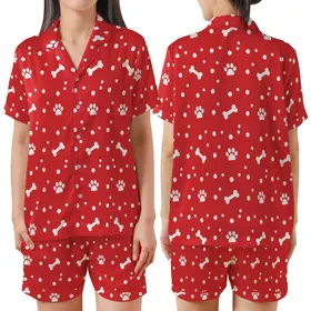 Great Dane Dog Sewing Pattern: Playful Red Polka Dot Paw Bone Zipper - Small Medium Sizes - Instant Download Satin Short-Sleeve Pajamas Set