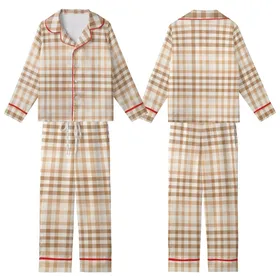 Women's Warm Brown Cream Geometric Plaid Organic Cotton Muslin Pajama Set Kid Satin Pajamas Set