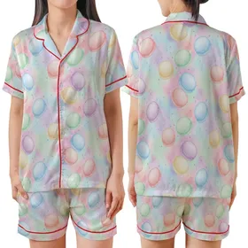 Tween Girls' Iridescent Pastel Macaron Pajamas: Whimsical Watercolor Sleep Set Satin Short-Sleeve Pajamas Set