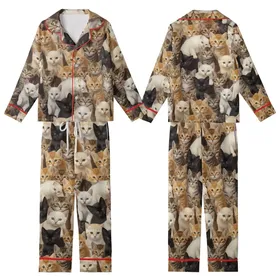 Children's Realistic Photo Kitten Collage Pattern Fleece Pajamas Set Kid Satin Pajamas Set