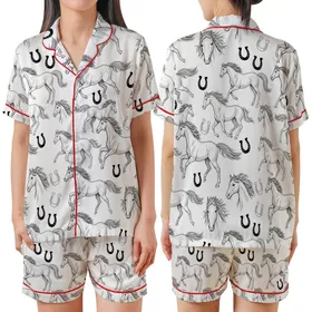 Horse Lover's Satin Pajamas: Vintage Hand-Sketched Black & White Equine & Horseshoe Set Satin Short-Sleeve Pajamas Set