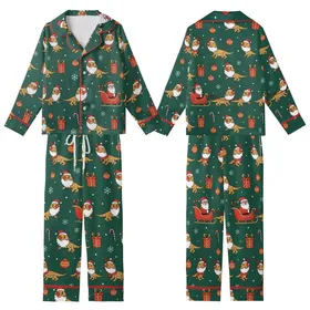 Bearded Dragon Christmas: Jovial Lizard Santa Sleigh Seamless Pattern Garment-Dyed Pajamas Kid Satin Pajamas Set