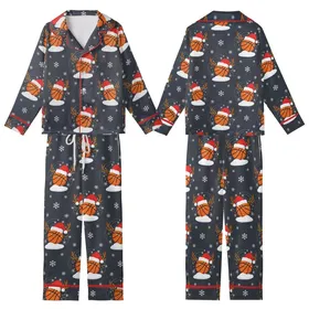 Basketball Lover's Whimsical Christmas Pattern: Santa Hat Hoops & Snowy Antlers Art Kid Satin Pajamas Set