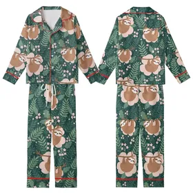 Women's Sloth Floral Pajama Pants: Tea-Loving Sloths & Rose-Pink Forest Foliage Kid Satin Pajamas Set