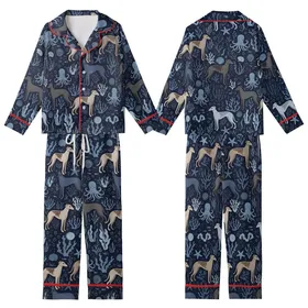 Women's Greyhound Lover Sleep Set: Midnight Blue Fawn Brindle Dog & Ocean Coral Pattern - Silky Stretch Kid Satin Pajamas Set