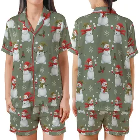 Women's Whimsical Snowman & Holly Pajamas: Muted Olive Winter Sleep Set Satin Short-Sleeve Pajamas Set