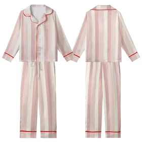 Women's Off-White Cream & Pastel Pink Rose Vertical Stripe Mulberry Silk Sleep Set Kid Satin Pajamas Set