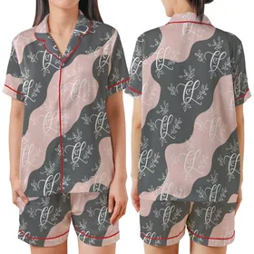 Satin Sleep Set: Intertwined Monogram & Botanical Pattern - Blush & Charcoal Kid Satin Pajamas Set