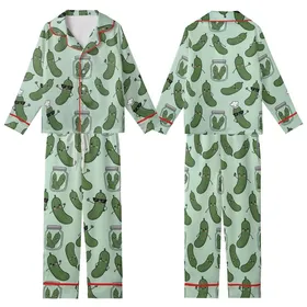 Pickle Lover's Whimsy: Hand-Drawn Smiling Chef Pickles & Jars Seamless Design Kid Satin Pajamas Set