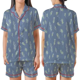 Women's Periwinkle Wildflower Print Gauze Cotton Pajama Set - Ruffle Top or Blouse Loungewear Satin Short-Sleeve Pajamas Set