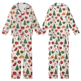 Festive Pizza Pajamas: Whimsical Christmas Tree, Candy Cane & Hot Cocoa Pattern - Cozy Holiday Sleep Set Kid Satin Pajamas Set
