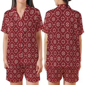 Heritage Geometric: Cranberry White Interlocking Squares & Diamond Pattern - Art Motif Satin Short-Sleeve Pajamas Set