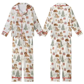 Women's Whimsical Parisian Puppy Christmas Pajamas: Cavalier King Charles Spaniel & Eiffel Tower Sleep Set Kid Satin Pajamas Set