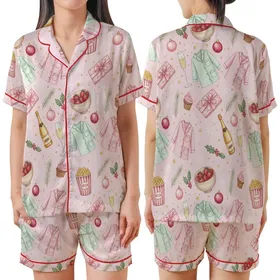 Festive Holiday Pajamas: Watercolor PJs Prosecco Pink Mint Gold Star Print Satin Short-Sleeve Pajamas Set