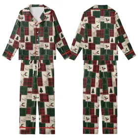 Family Retro Christmas Loungewear: Quilted Tartan Plaid Patchwork, Holly Tree & Snowflake Design Kid Satin Pajamas Set