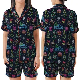 Women's Retro Neon Christmas Snowman Tree Holiday Polyester Spandex Sleep Set Satin Short-Sleeve Pajamas Set