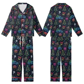 Women's Retro Neon Christmas Snowman Tree Holiday Polyester Spandex Sleep Set Kid Satin Pajamas Set