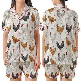 Women's Valentine Coquette Watercolor Farm Fowl Pajamas: Rooster, Hen & Wildflower Print Satin Short-Sleeve Pajamas Set
