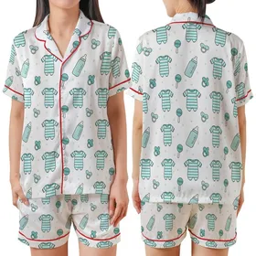 New Parent Pajamas: Vibrant Turquoise Baby Sleepsuit & Bottle Pattern - Cozy Sleep Set Satin Short-Sleeve Pajamas Set