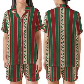 Classic Festive Stripes: Red, Green & Gold Holly Pattern - Elegant Design Print Satin Short-Sleeve Pajamas Set