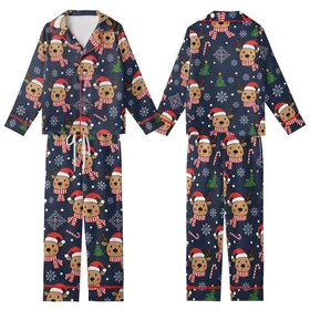 Family Holiday: Playful Reindeer & Snowflake Navy Pattern Long Sleeve Pajamas Kid Satin Pajamas Set