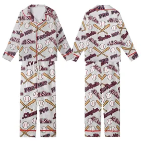 Diamond League Retro Pattern: Pinstripe Baseball & Champion Script Print Kid Satin Pajamas Set