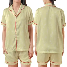 Women's Muslin Cotton Pajamas: Delicate Pale Yellow Wildflower Botanical Print - Breathable Sleepwear Satin Short-Sleeve Pajamas Set