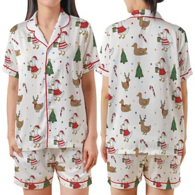 Funny Goose & Duck Christmas Pajamas: Whimsical Holiday Reindeer & Tree Print Sleep Set Satin Short-Sleeve Pajamas Set