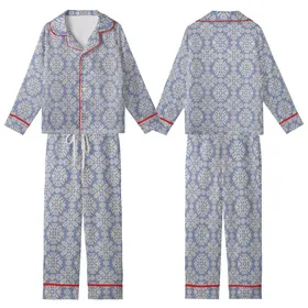 Women's Hand-Printed Periwinkle Botanical Block Print Organic Cotton Sleep Set Kid Satin Pajamas Set