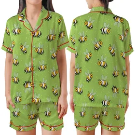 Women's Luxury Faux Silk Pajama Set: Whimsical Bee Print & Chartreuse Green Loungewear Satin Short-Sleeve Pajamas Set