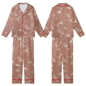 Japanese Art Lover: Terracotta-Rose Seigaiha Wave, Sakura & Crane All-Over Print Kid Satin Pajamas Set