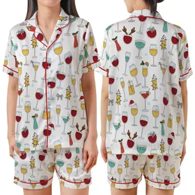 Family Red Wine Christmas Pajamas: Whimsical Glass & Reindeer Lights Pattern - Soft Poly-Spandex Set Satin Short-Sleeve Pajamas Set