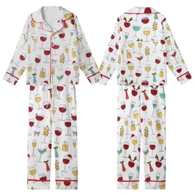 Family Red Wine Christmas Pajamas: Whimsical Glass & Reindeer Lights Pattern - Soft Poly-Spandex Set Kid Satin Pajamas Set