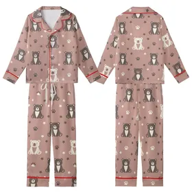 Cozy Bear Lover: Dusty Rose Taupe Whimsical Cartoon Bear Paw Print Comfort Wear Kid Satin Pajamas Set