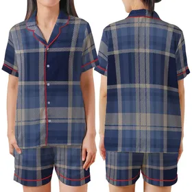 Men's Classic Navy Slate Plaid DIY Loungewear Project - Tartan Sleepwear Template Satin Short-Sleeve Pajamas Set