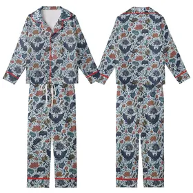 Seamless Batik Artwork: Stylized Bat Lotus Vine Repeat Pattern - Muted Indigo Design Kid Satin Pajamas Set