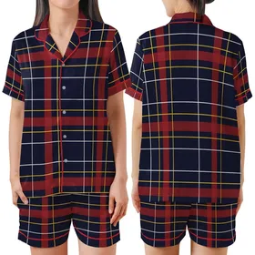 Classic Tartan Plaid: Deep Navy Crimson Red Gold Geometric Pattern - Heritage Style Motif Satin Short-Sleeve Pajamas Set