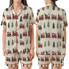 Family Christmas Train Pattern: Crimson Woodland Animals & Presents – Rustic Holiday Art Satin Short-Sleeve Pajamas Set