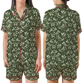 Bridesmaid Wedding Party: Olive Green Botanical Vine White Gold Lined Rayon Sleep Set Satin Short-Sleeve Pajamas Set