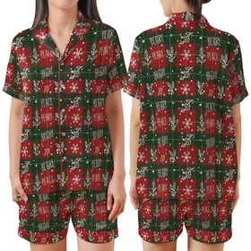 Festive Winter Charm: Seamless Red Green Plaid, Hand-Drawn Snowflakes, Berries & Joyful Text Pattern Satin Short-Sleeve Pajamas Set