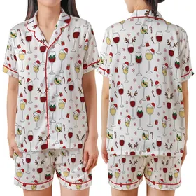 Holiday Wine Lovers Red & White Whimsical Christmas Wine Glass Pattern Adorned with Santa Hats, Holly, Candy Canes & Gifts Satin Short-Sleeve Pajamas Set